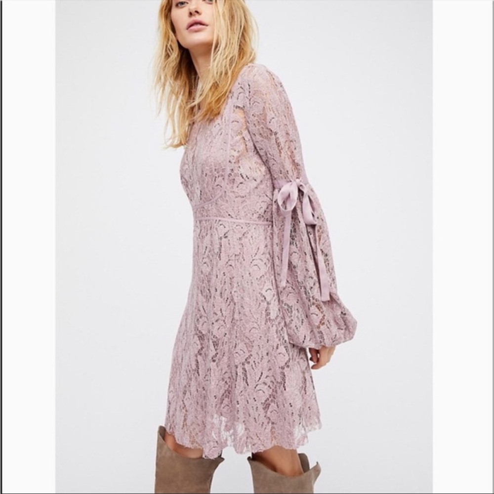 Free People Dress Ruby Mini Babydoll Lilac Pink Lace Sheer Boho Balloon Sleeve - Picture 13 of 13